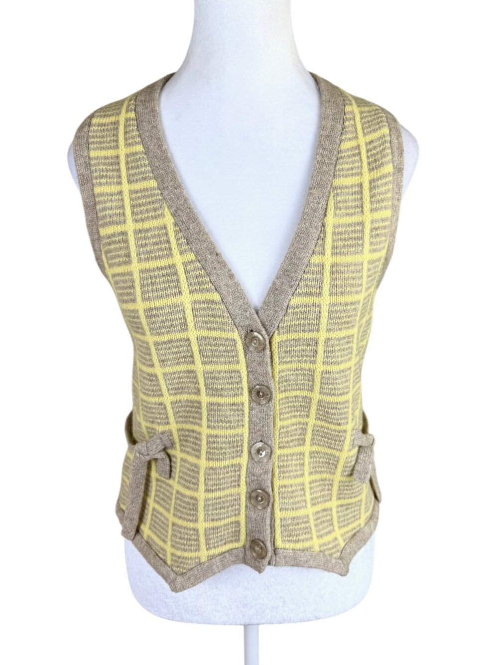 Anthropologie Sweater Vest Wool Brown Yellow Plaid Sparrow (S)